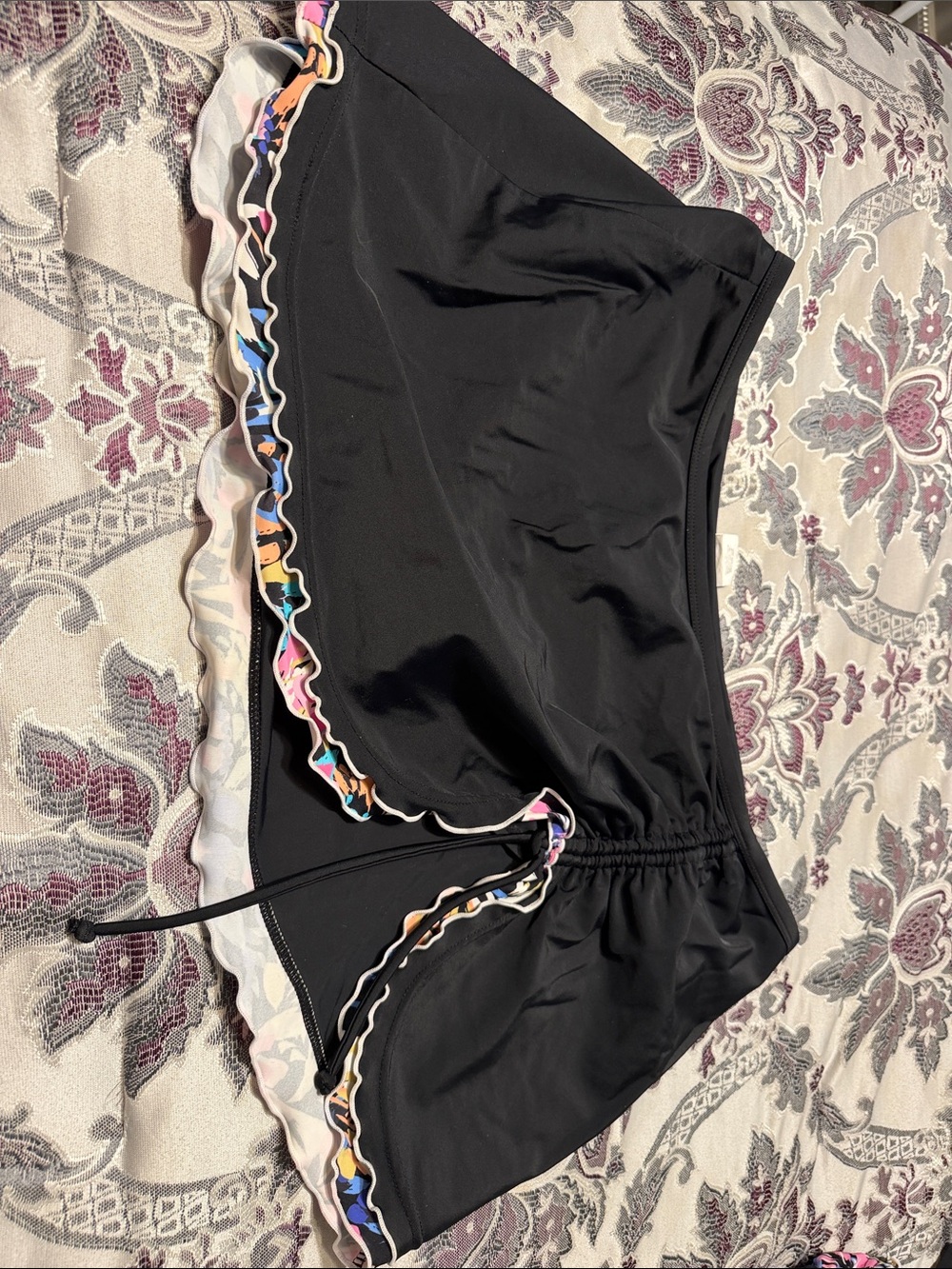 Island Escape Black Swim Shorts with Multicolor Ruffle Trim